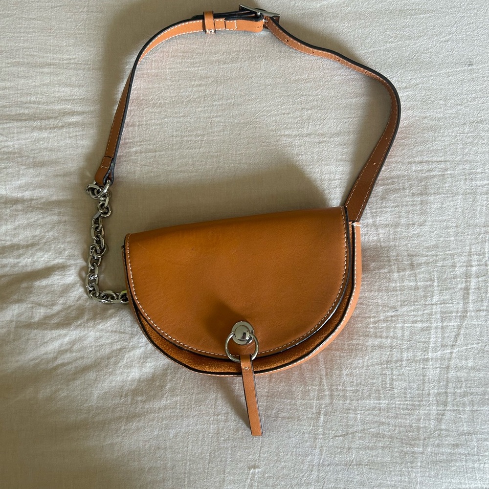 Zara Tan Saddle Crossbody Bag with Silver Chain